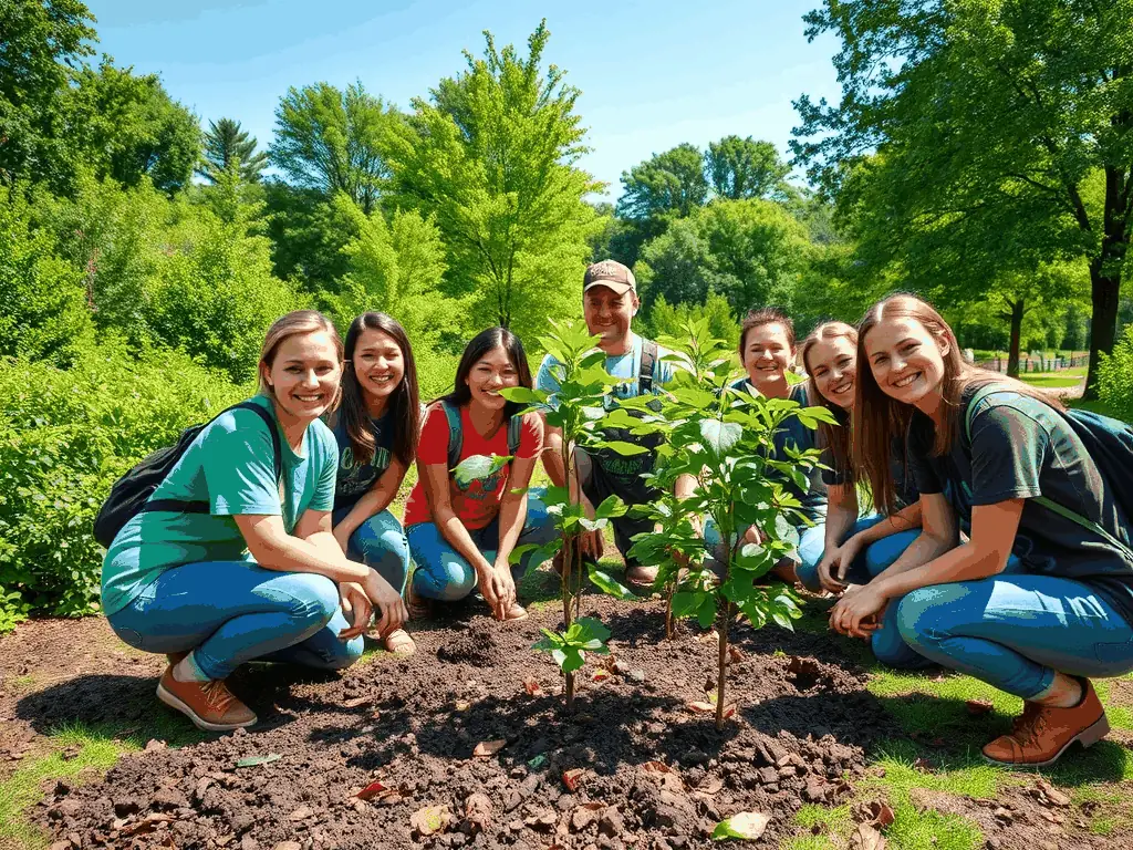 A photograph depicting a group of ACCA members participating in a habitat restoration project, planting native trees and shrubs in a previously cleared area. The image should convey a sense of teamwork, environmental stewardship, and positive impact on the local ecosystem.