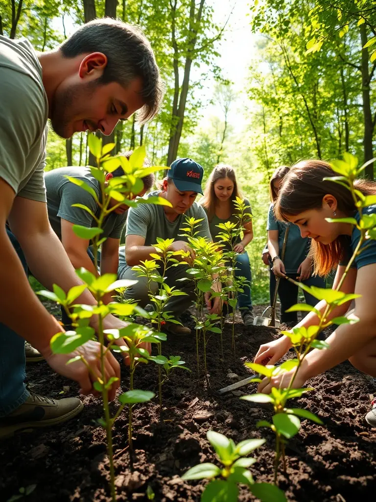 A group of volunteers planting trees in a forest, symbolizing environmental conservation efforts.