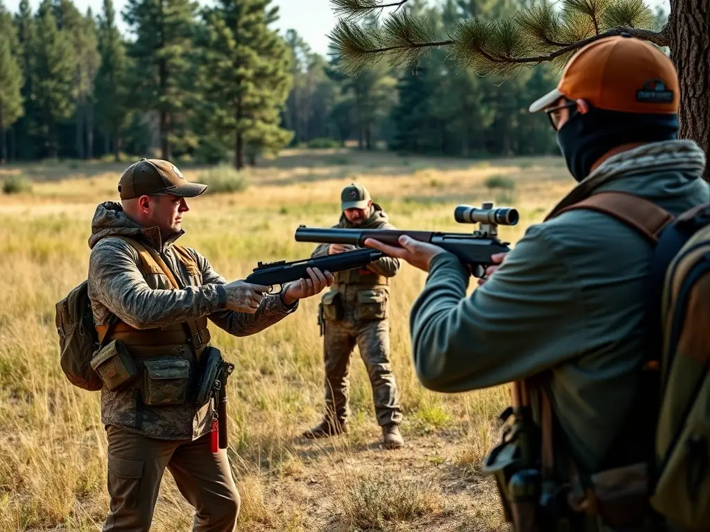 A photograph illustrating ACCA members conducting a safety training session for hunters, demonstrating proper firearm handling techniques and emphasizing the importance of responsible hunting practices. The image should convey a sense of professionalism, safety awareness, and commitment to ethical hunting.