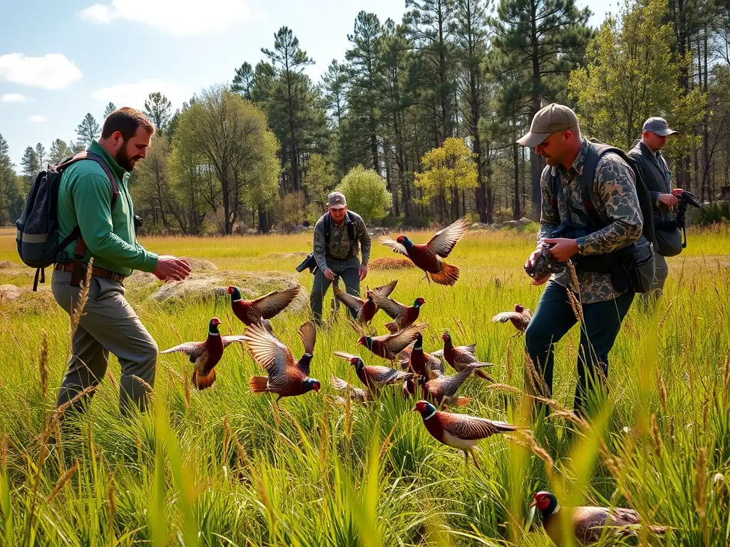A photograph depicting a controlled release of pheasants into a managed hunting area, showcasing the organization's efforts in species regulation and biodiversity enhancement.