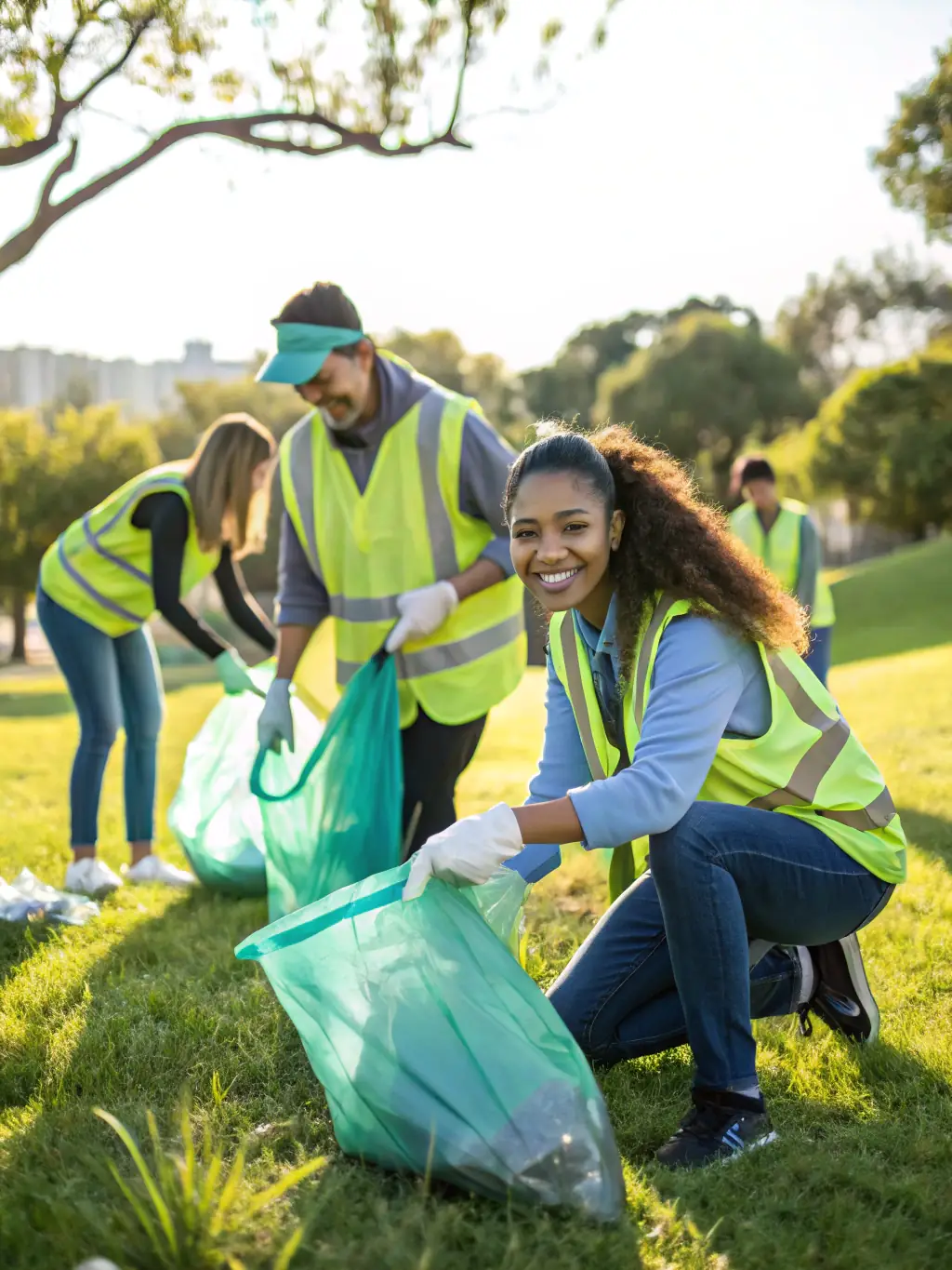 A diverse group of people participating in a community cleanup event, showcasing community engagement.