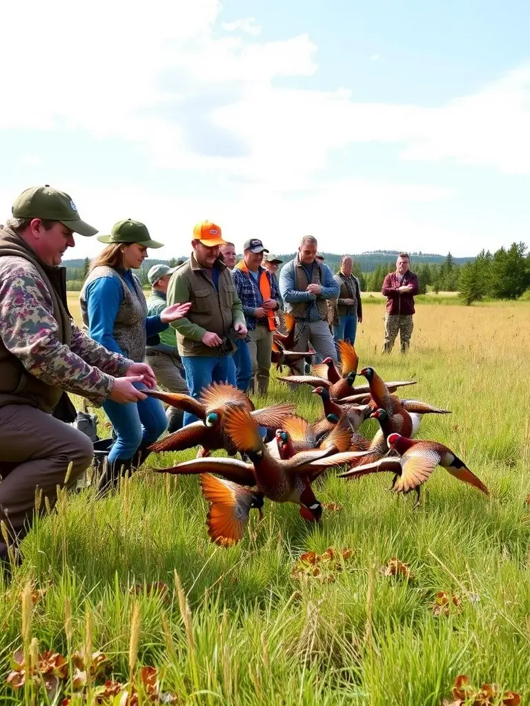 An image of ACCA members releasing pheasants into a managed habitat, illustrating the organization's commitment to enhancing local biodiversity.