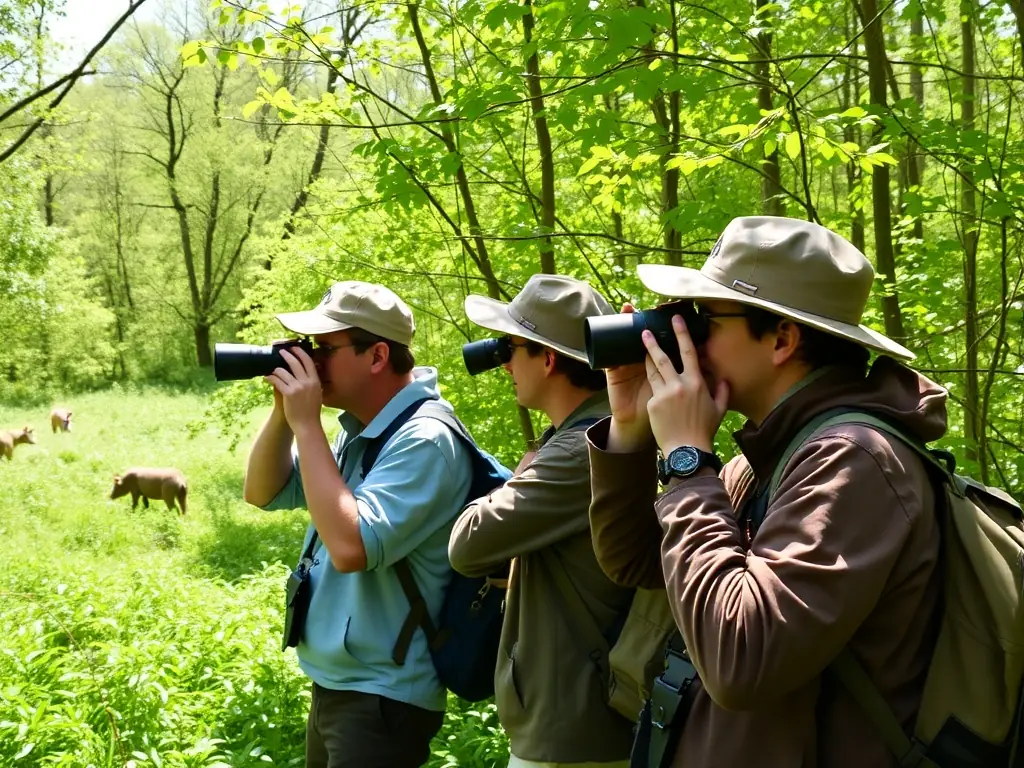 A photograph showcasing ACCA members conducting a wildlife census, using binoculars and tracking equipment to monitor animal populations in a designated area. The image should highlight the scientific approach to wildlife management and the importance of data collection for informed decision-making.