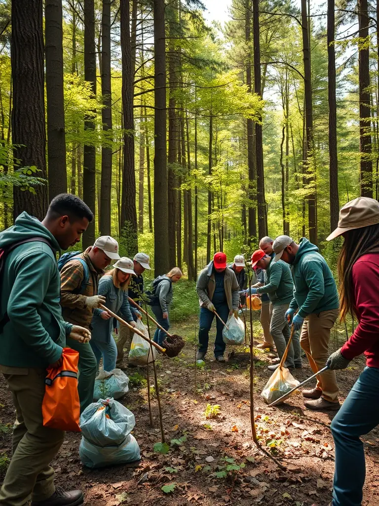 A photo of ACCA members cleaning up a local forest area, removing litter and debris to maintain the natural beauty of Champagnolles.